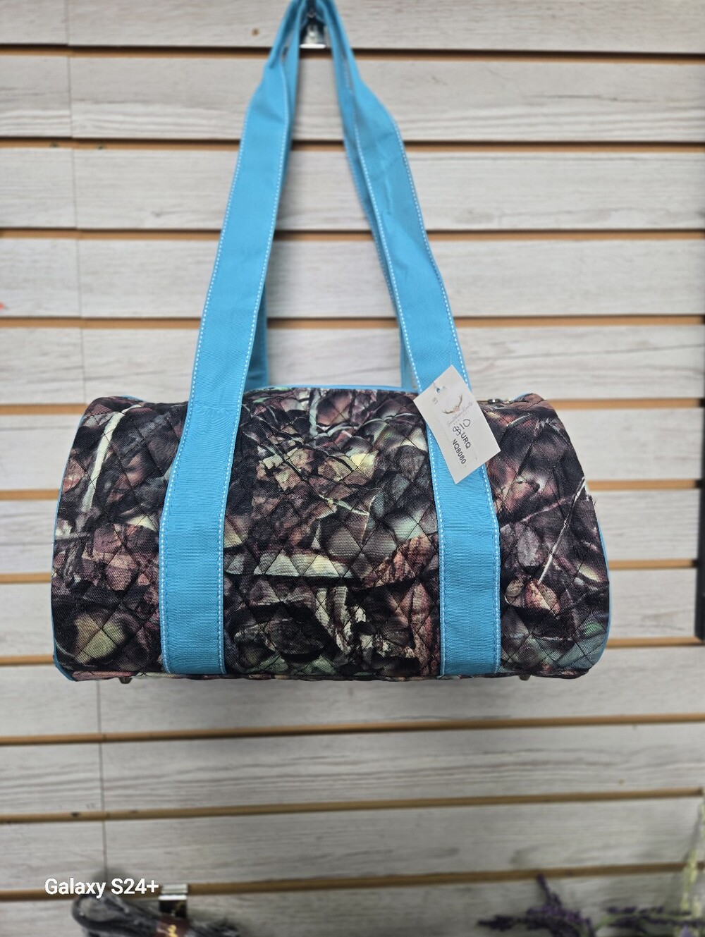 Quilted Camouflage Barrel Bag with Bright Turquoise Straps